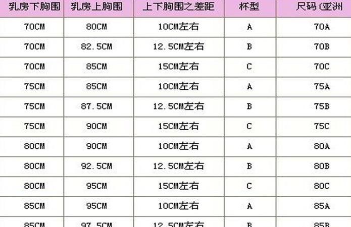 文胸尺码对照表